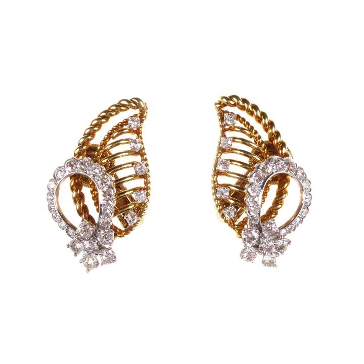 Pair of gold and diamond foliate scroll earrings